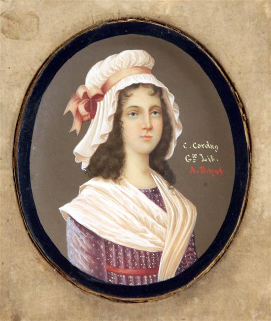 19th century French School Miniature of Charlotte Corday (1768-1793), the Angel of Assassination, 5 x 4.25in., leather cased